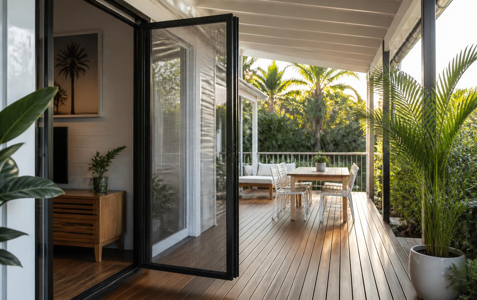 Black security screen door on the patio of a Brisbane home