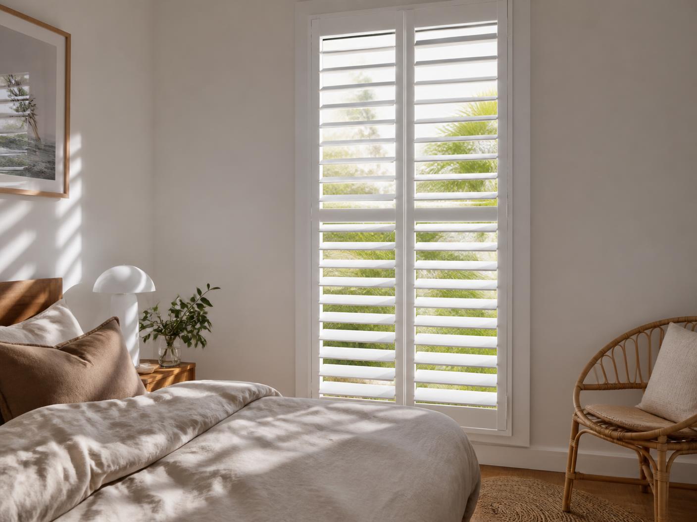 Sunlight through white plantation shutters in an Australian bedroom