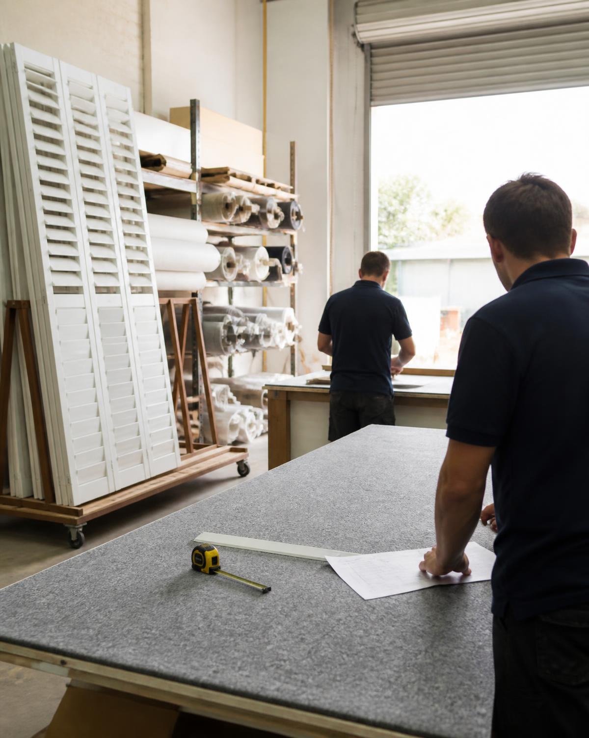 Lovering Installations workshop in Wacol with shutter panels and blind fabric ready for install