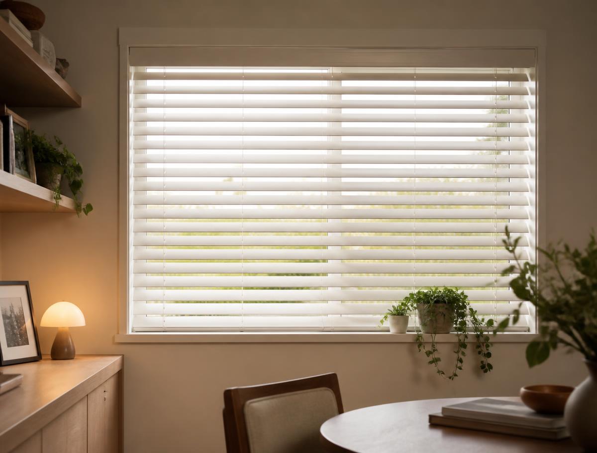 Wide-slat white venetian blinds filtering afternoon light